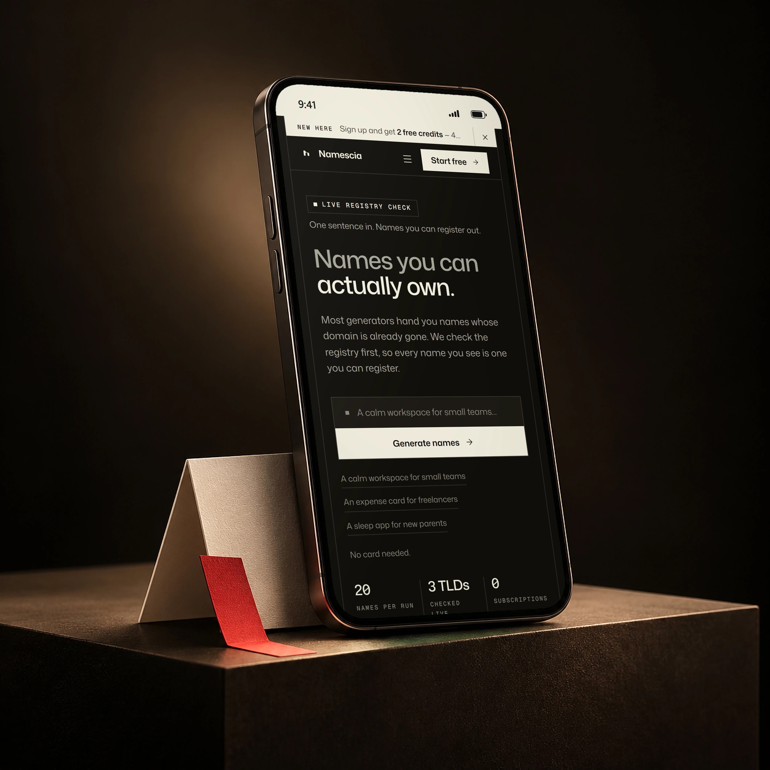 Namescia on a phone: one sentence in, names you can register out.