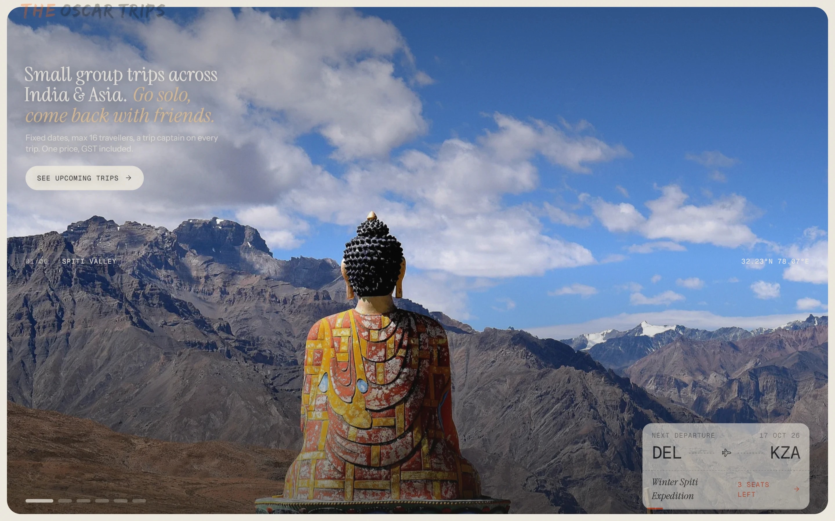 Oscar Trips home: small group trips across India and Asia, over the Buddha above Spiti, with the next departure as a boarding pass.
