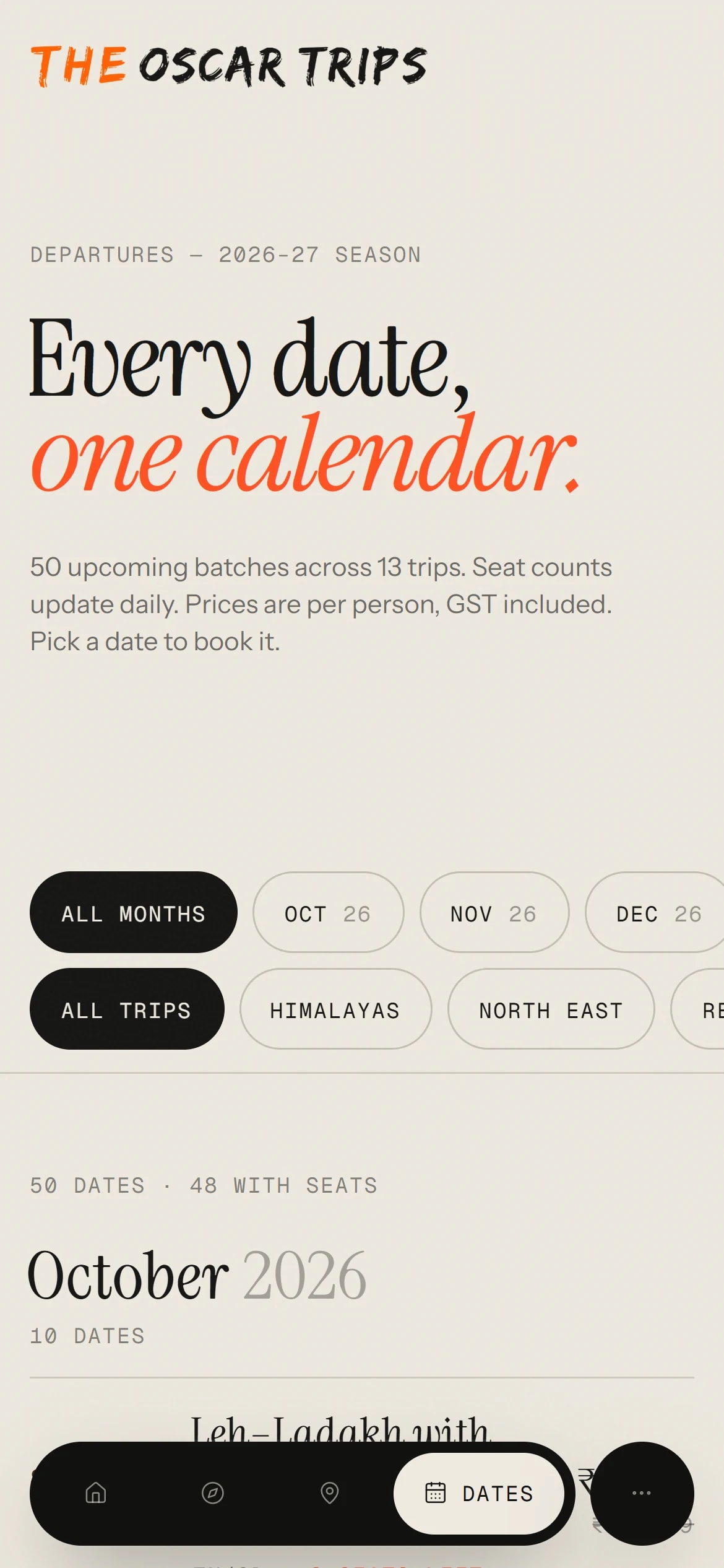 The departures calendar on a phone, filtered by month and region.