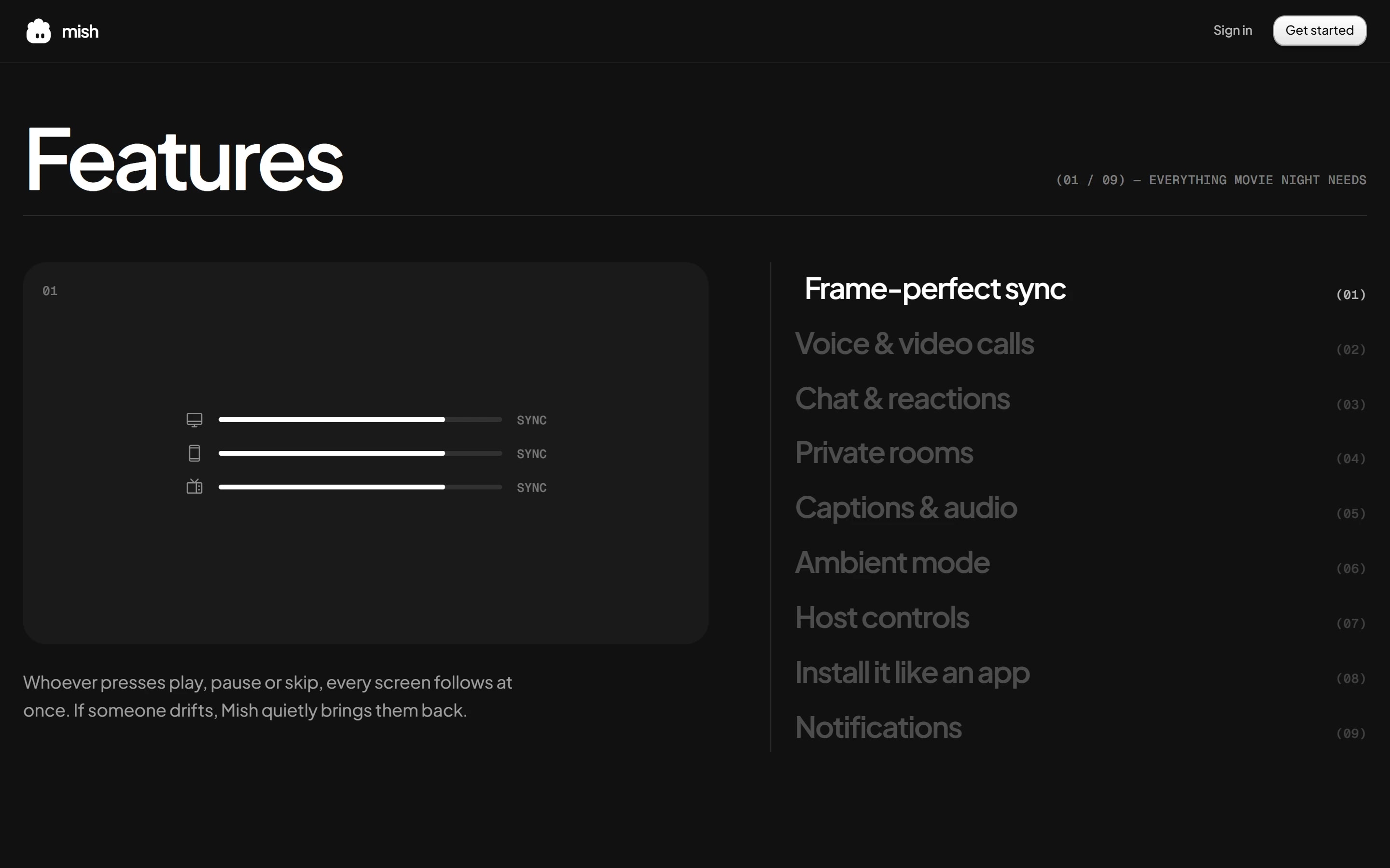 The features panel: nine features from frame-perfect sync to notifications.