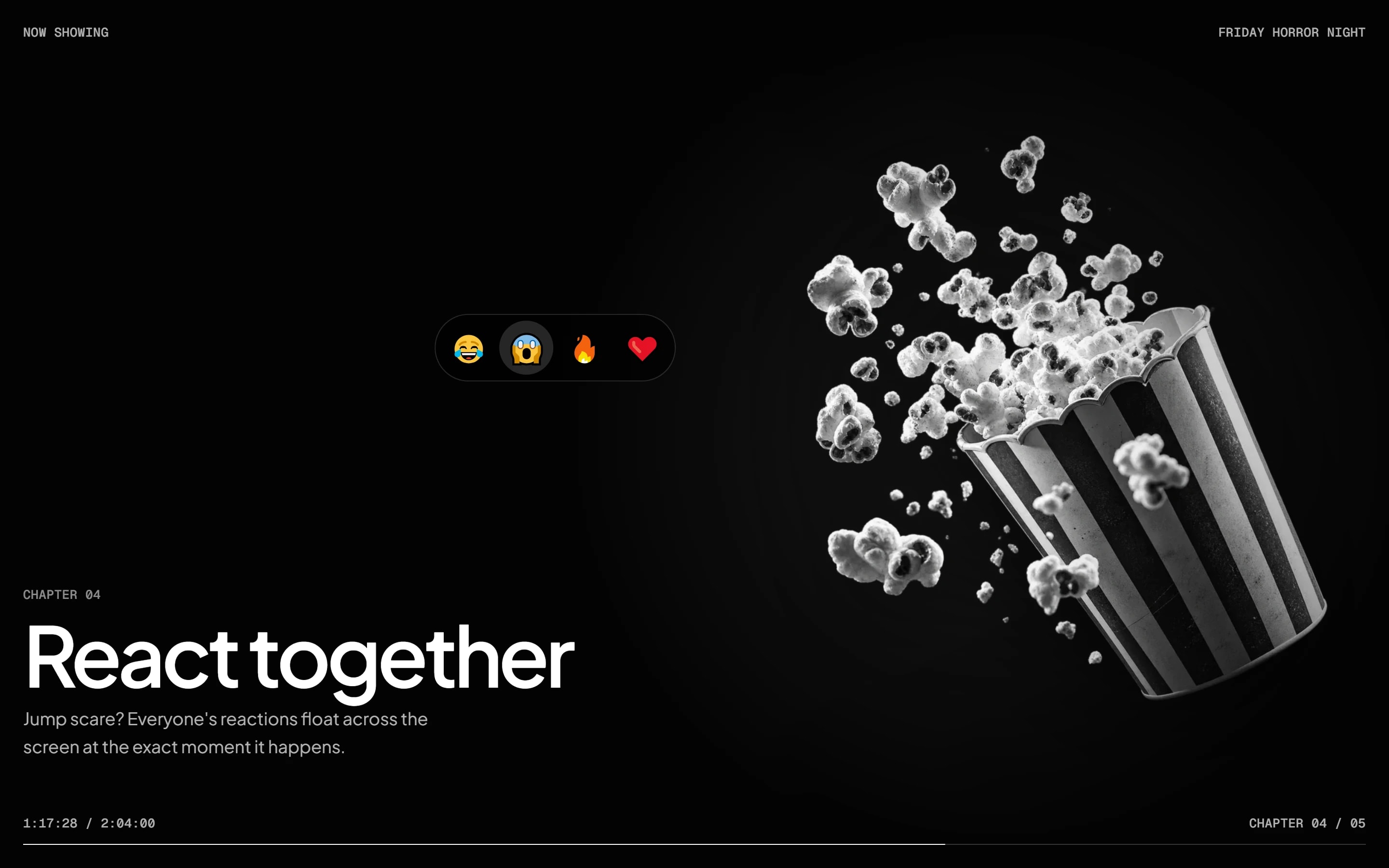 Chapter four: a popcorn bucket bursting, with emoji reactions floating across.