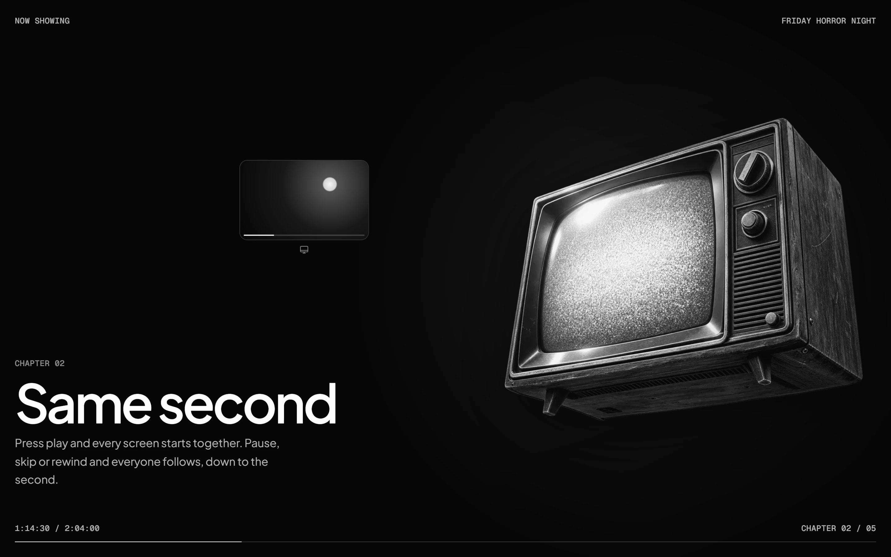 Chapter two: an old television and a synced screen, every screen on the same second.