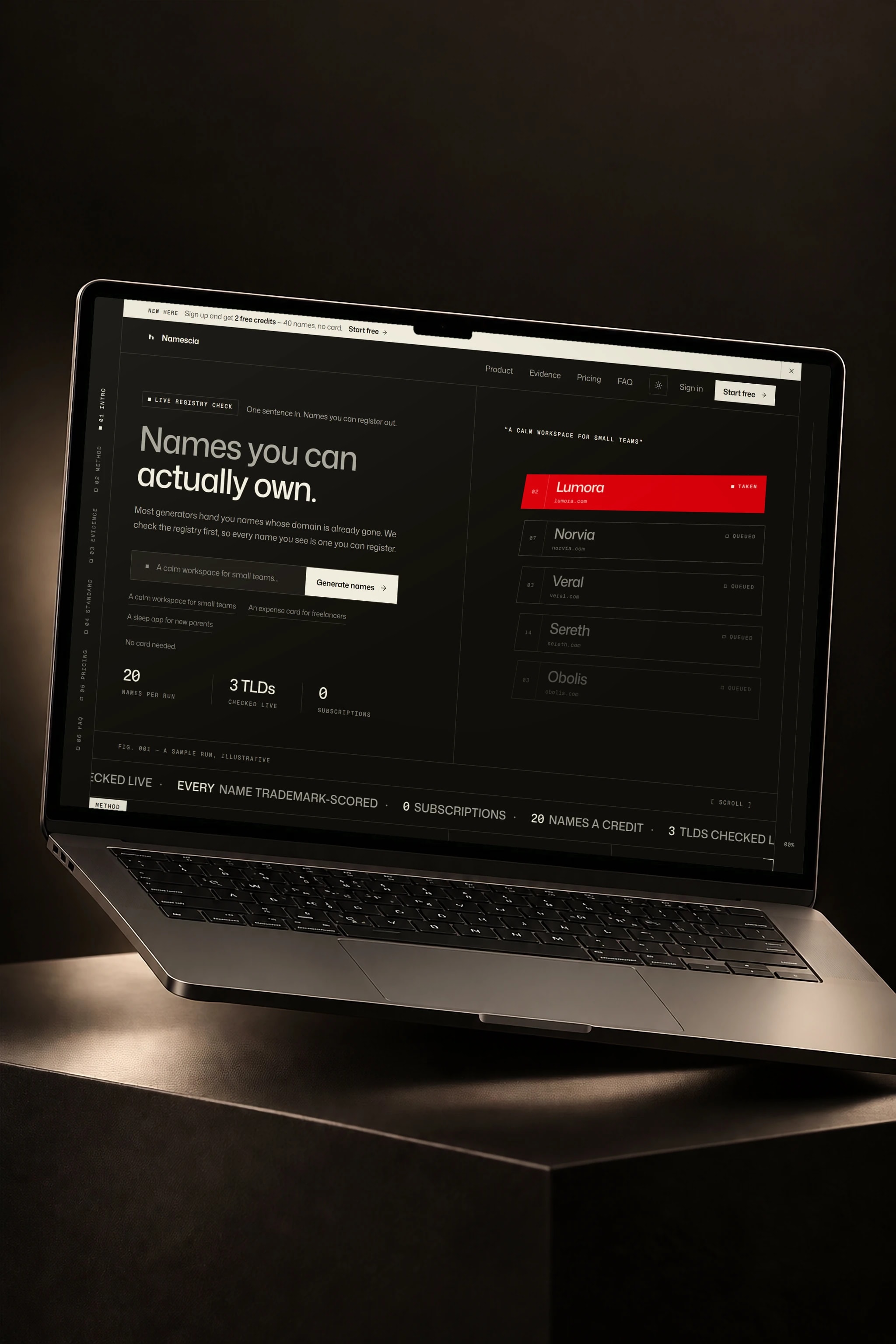 Namescia on a laptop: a stack of coined names being checked against the domain registry, one marked taken.