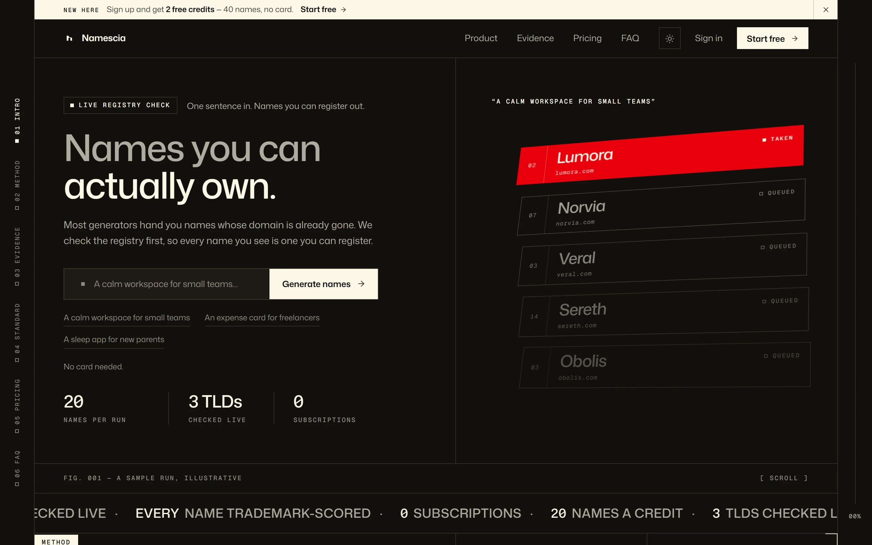 Namescia's home page: a brief box, and a stack of coined names being checked, one marked taken.