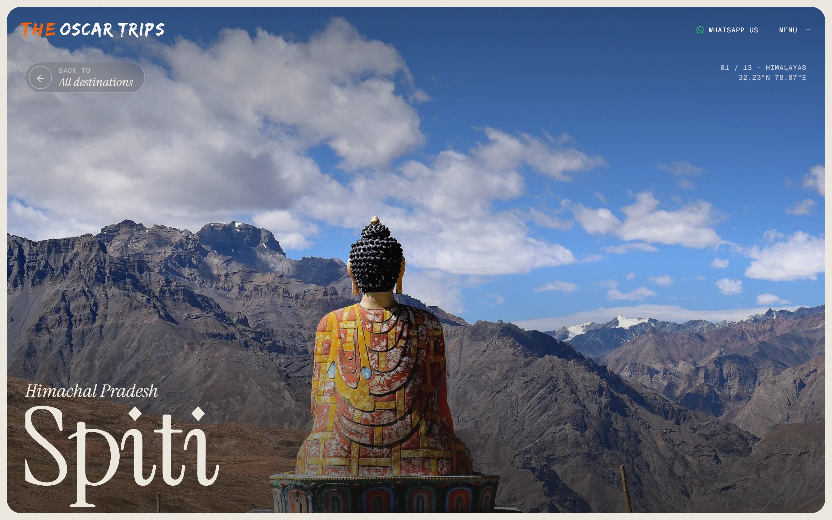 The Spiti destination guide, a Buddha statue looking over the valley.