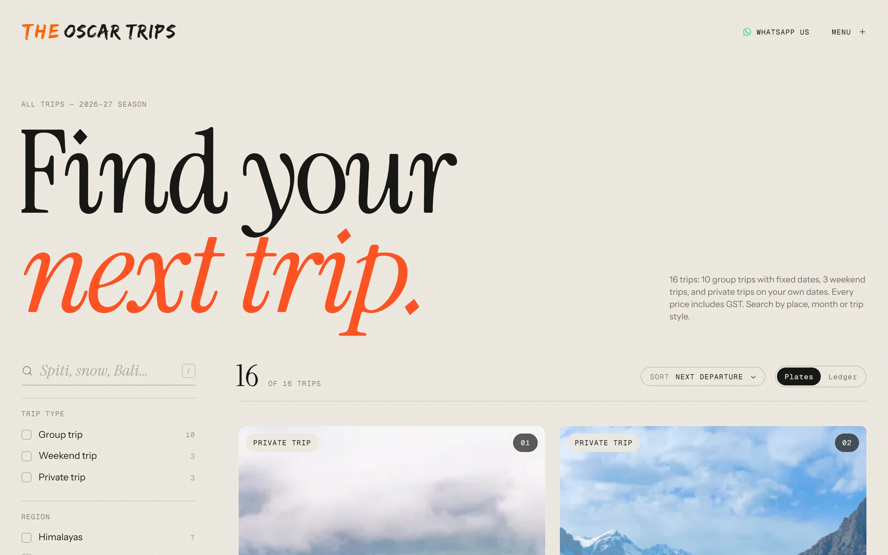 Find your next trip: all trips with search and filters by type and region.